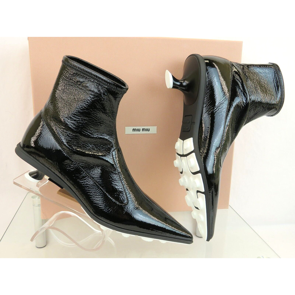Miu Miu Black Patent Leather Pointed Sock Ankle Boots with White Pod Sole